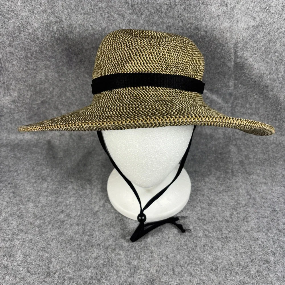 Solar Escape Womens Wide Brim Sun Hat OS Tan Black Woven Adjustable Chin Strap